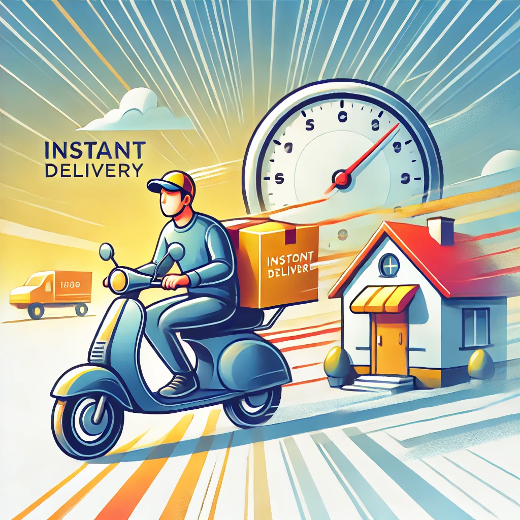 DALL·E 2025 05 13 16.18.51 A symbolic illustration representing instant delivery. A delivery person on a scooter or bicycle speeding with a package, leaving motion blur behind.
