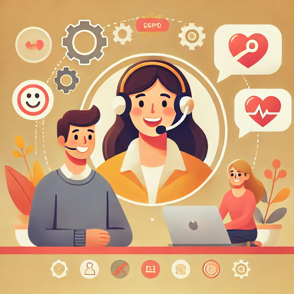 DALL·E 2025 05 13 16.46.14 A symbolic illustration representing dedicated customer support. A friendly support agent wearing a headset, smiling, and interacting with a customer