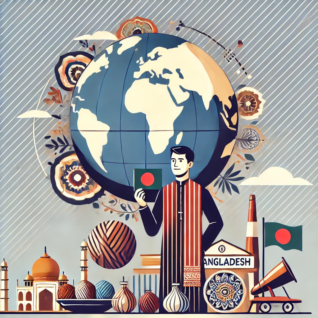 DALL·E 2025 05 13 16.47.16 A symbolic illustration representing a Bangladeshi platform with global standards. The image shows a globe or world map subtly integrated with element
